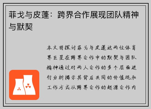 菲戈与皮蓬:跨界合作展现团队精神与默契 菲戈与皮蓬:跨界合作展现团队精神与默契